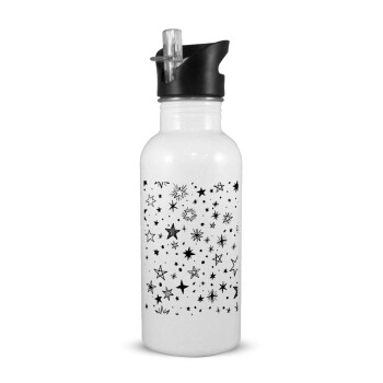 Doodle Stars, White water bottle with straw, stainless steel 600ml