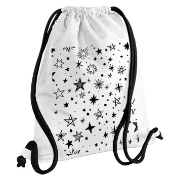 Doodle Stars, Τσάντα πλάτης πουγκί GYMBAG λευκή, με τσέπη (40x48cm) & χονδρά κορδόνια