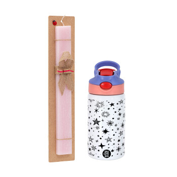 Doodle Stars, Easter Set, Children's thermal stainless steel water bottle with safety straw, pink/purple (350ml) & Easter scented flat candle (30cm) (PINK)