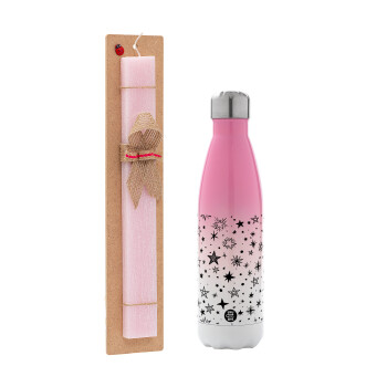 Doodle Stars, Πασχαλινή Λαμπάδα με Μεταλλικό παγούρι θερμός Ροζ/Λευκό (Stainless steel), διπλού τοιχώματος, 500ml & κερί αρωματικό πλακέ (30cm) (ΡΟΖ)