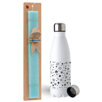Doodle Stars, Easter Set, metallic stainless steel water bottle (750ml) & aromatic flat Easter candle (30cm) (TURQUOISE)
