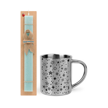 Doodle Stars, Easter Set, metallic thermal cup (300ml) & aromatic flat Easter candle (30cm) (TURQUOISE)