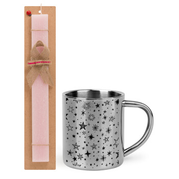 Doodle Stars, Easter Set, metallic thermal cup (300ml) & aromatic flat Easter candle (30cm) (PINK)