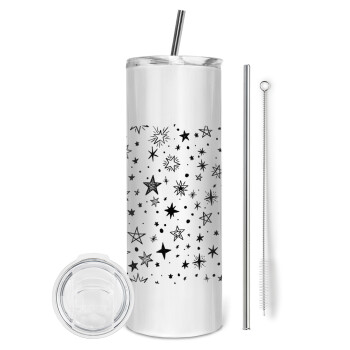 Doodle Stars, Eco friendly ποτήρι θερμό (tumbler) από ανοξείδωτο ατσάλι 600ml, με μεταλλικό καλαμάκι & βούρτσα καθαρισμού