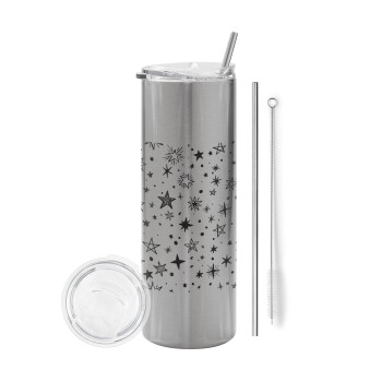 Doodle Stars, Tumbler stainless steel Silver 600ml, with metal straw & cleaning brush