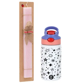 Doodle Stars, Easter Set, Children's thermal stainless steel water bottle with safety straw, pink/purple (350ml) & Easter scented flat candle (30cm) (PINK)