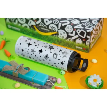 Doodle Stars, Easter candle,Travel Tumbler 2 Lids, with metal straw & cleaning brush & aromatic flat candle (30cm) (BLUE)