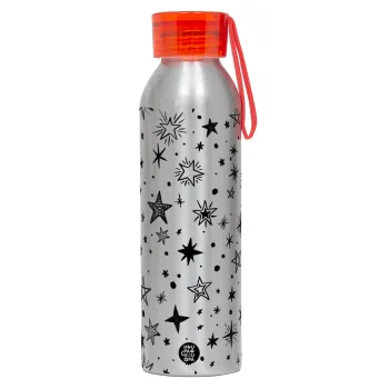Doodle Stars, Aluminum Sports Bottle 650ml – Silver with Red Cap and Silicone Strap