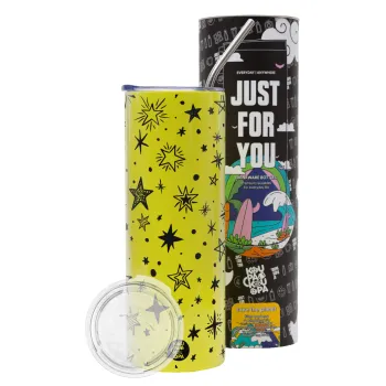 Doodle Stars, Neon Yellow Travel Tumbler θερμό, μεταλλικό καλαμάκι(Ανωξείδωτο 304 Food grade, BPA free, 600ml)