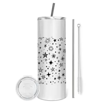 Doodle Stars, Tumbler ποτήρι θερμό από ανοξείδωτο ατσάλι 600ml, με μεταλλικό καλαμάκι & βούρτσα καθαρισμού