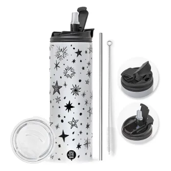 Doodle Stars, Travel Tumbler θερμό με διπλό καπάκι, μεταλλικό καλαμάκι και βούρτσα καθαρισμού (Ανωξείδωτο 304 Food grade, BPA free, 600ml)