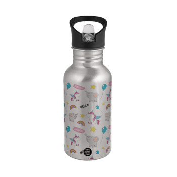 Happy Clouds Doodle, Water bottle Silver with straw, stainless steel 500ml