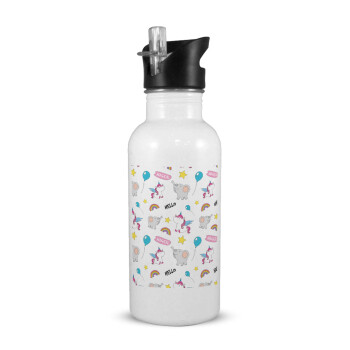 Happy Clouds Doodle, White water bottle with straw, stainless steel 600ml