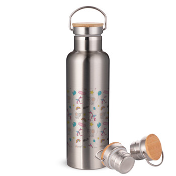 Happy Clouds Doodle, Stainless steel Silver with wooden lid (bamboo), double wall, 750ml