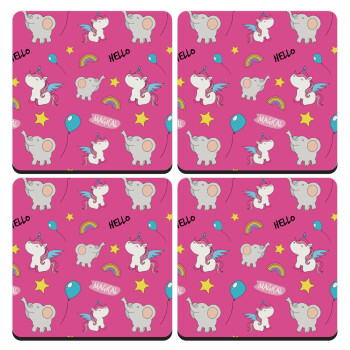 Happy Clouds Doodle, ΣΕΤ 4 Σουβέρ ξύλινα τετράγωνα (9cm)