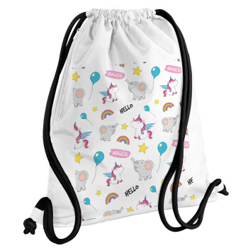 Happy Clouds Doodle, Backpack pouch GYMBAG white, with pocket (40x48cm) & thick cords