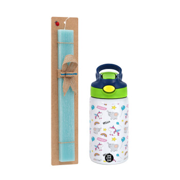 Happy Clouds Doodle, Easter Set, Children's thermal stainless steel bottle with safety straw, green/blue (350ml) & aromatic flat Easter candle (30cm) (TURQUOISE)