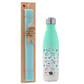 Happy Clouds Doodle, Easter Set, Metallic green/white thermos (Stainless steel), double-walled, 500ml & scented flat Easter candle (30cm) (TURQUOISE)