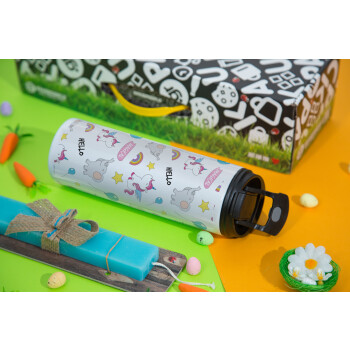 Happy Clouds Doodle, Easter candle,Travel Tumbler 2 Lids, with metal straw & cleaning brush & aromatic flat candle (30cm) (BLUE)