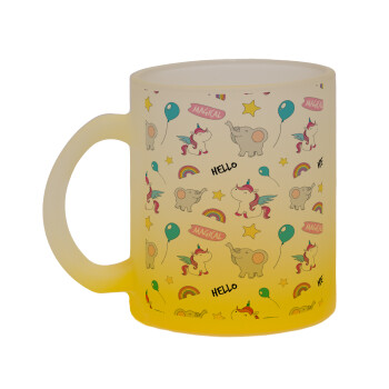 Happy Clouds Doodle, Κούπα γυάλινη δίχρωμη με βάση το κίτρινο ματ, 330ml