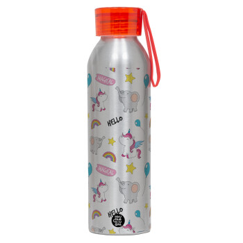 Happy Clouds Doodle, Aluminum Sports Bottle 650ml – Silver with Red Cap and Silicone Strap