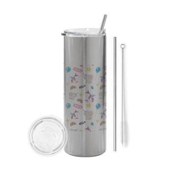 Happy Clouds Doodle, Eco friendly stainless steel Silver tumbler 600ml, with metal straw & cleaning brush