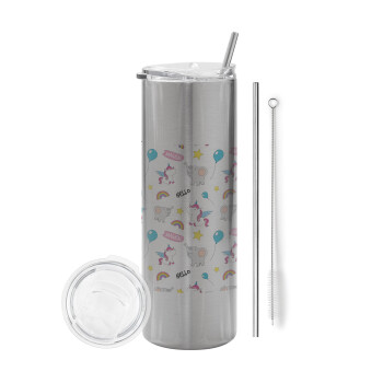 Happy Clouds Doodle, Tumbler stainless steel Silver 600ml, with metal straw & cleaning brush