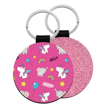 Happy Clouds Doodle, Μπρελόκ Δερματίνη, στρογγυλό ΡΟΖ (5cm)