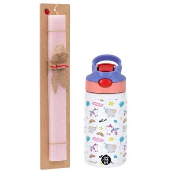 Happy Clouds Doodle, Easter Set, Children's thermal stainless steel water bottle with safety straw, pink/purple (350ml) & Easter scented flat candle (30cm) (PINK)