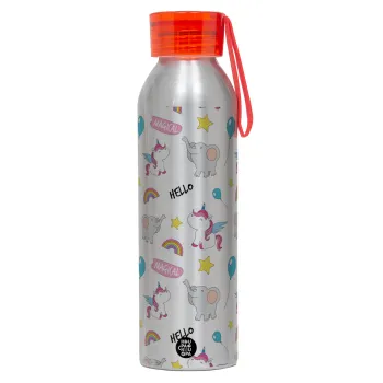Happy Clouds Doodle, Aluminum Sports Bottle 650ml – Silver with Red Cap and Silicone Strap