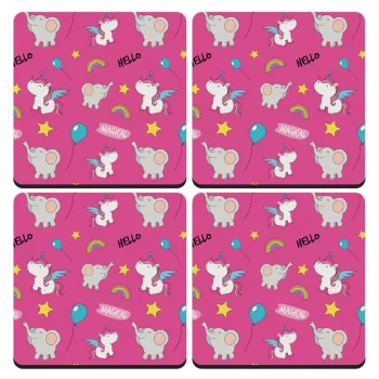 Happy Clouds Doodle, ΣΕΤ 4 Σουβέρ ξύλινα τετράγωνα (9cm)