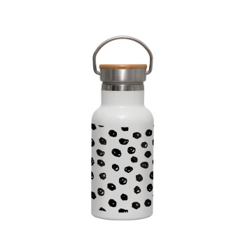 Doodle Dots, Μεταλλικό παγούρι θερμός (Stainless steel) Λευκό με ξύλινο καπακι (bamboo), διπλού τοιχώματος, 350ml