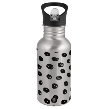 Doodle Dots, Water bottle Silver with straw, stainless steel 500ml
