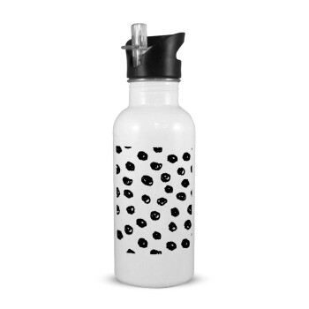 Doodle Dots, White water bottle with straw, stainless steel 600ml