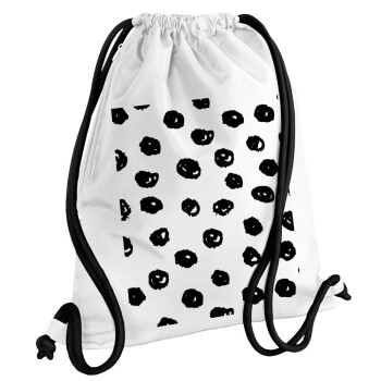 Doodle Dots, Τσάντα πλάτης πουγκί GYMBAG λευκή, με τσέπη (40x48cm) & χονδρά κορδόνια