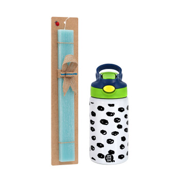 Doodle Dots, Easter Set, Children's thermal stainless steel bottle with safety straw, green/blue (350ml) & aromatic flat Easter candle (30cm) (TURQUOISE)