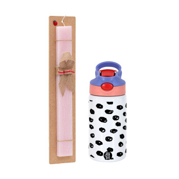 Doodle Dots, Πασχαλινό Σετ, Παιδικό παγούρι θερμό, ανοξείδωτο, με καλαμάκι ασφαλείας, ροζ/μωβ (350ml) & πασχαλινή λαμπάδα αρωματική πλακέ (30cm) (ΡΟΖ)