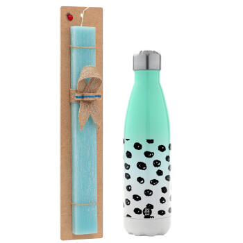 Doodle Dots, Easter Set, Metallic green/white thermos (Stainless steel), double-walled, 500ml & scented flat Easter candle (30cm) (TURQUOISE)