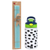 Easter Set, Children's thermal stainless steel bottle with safety straw, green/blue (350ml) & aromatic flat Easter candle (30cm) (TURQUOISE)