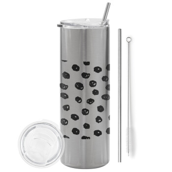 Doodle Dots, Eco friendly stainless steel Silver tumbler 600ml, with metal straw & cleaning brush