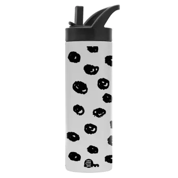 Doodle Dots, Μεταλλικό παγούρι θερμός με καλαμάκι & χειρολαβή, ανοξείδωτο ατσάλι (Stainless steel 304), διπλού τοιχώματος, 600ml