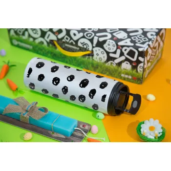 Doodle Dots, Easter candle,Travel Tumbler 2 Lids, with metal straw & cleaning brush & aromatic flat candle (30cm) (BLUE)