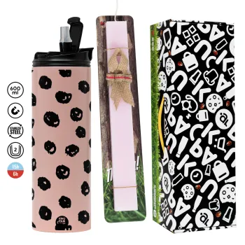 Doodle Dots, Πασχαλινή Λαμπάδα με  ΡΟΖ Travel Tumbler θερμό (600ml, BPA free) & κερί αρωματικό πλακέ (30cm) (ΡΟΖ)