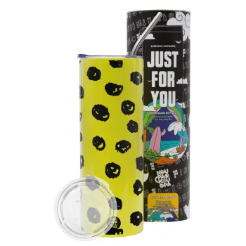 Doodle Dots, Neon Yellow Travel Tumbler θερμό, μεταλλικό καλαμάκι(Ανωξείδωτο 304 Food grade, BPA free, 600ml)