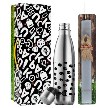 Doodle Dots, Easter Set, metallic stainless thermos flask (500ml) & scented flat Easter candle (30cm) (GRAY)
