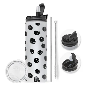 Doodle Dots, Travel Tumbler 2 Lids, with metal straw & cleaning brush (Stainless steel 304 Food grade, BPA free, 600ml)