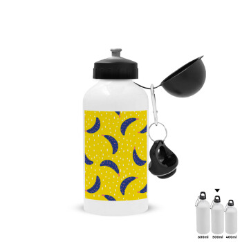 Yellow seamless with blue bananas, Metal water bottle, White, aluminum 500ml