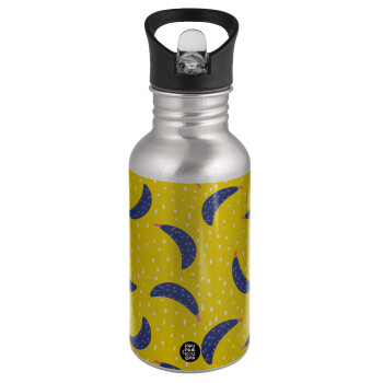Yellow seamless with blue bananas, Water bottle Silver with straw, stainless steel 500ml