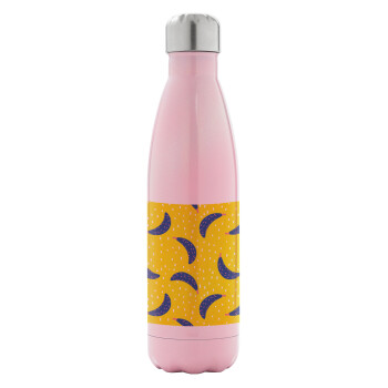 Yellow seamless with blue bananas, Metal mug thermos Pink Iridiscent (Stainless steel), double wall, 500ml