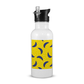 Yellow seamless with blue bananas, White water bottle with straw, stainless steel 600ml